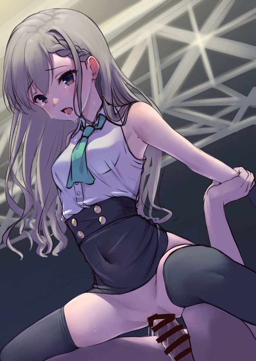 1boy 1girl arm_grab asymmetrical_bangs bar_censor black_eyes braid braided_bangs breasts censored drooling girl_on_top grey_hair highres hisakawa_hayate idolmaster idolmaster_cinderella_girls idolmaster_cinderella_girls_starlight_stage long_hair medium_breasts necktie no_panties open_mouth penis reverse_cowgirl_position sex sex_from_behind sleeveless solo_focus straddling viq