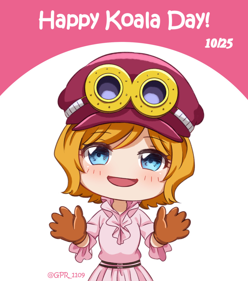 1girl blue_eyes blush brown_gloves chibi commentary_request dated frilled_shirt frilled_sleeves frills gloves hat highres koala_(one_piece) looking_at_viewer one_piece pink_background pink_shirt ruang shirt short_hair smile twitter_username upper_body white_background