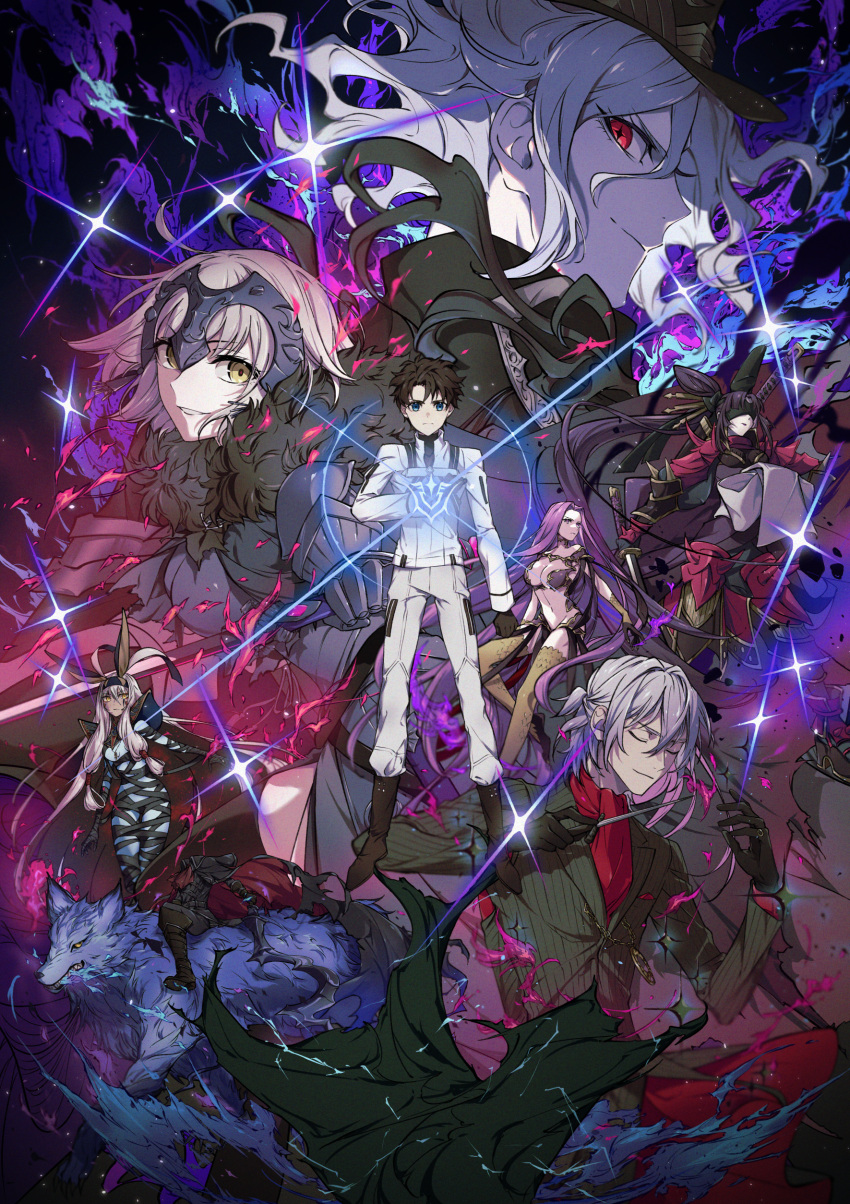 4boys 4girls absurdres animal_ears antonio_salieri_(fate) antonio_salieri_(second_ascension)_(fate) bandages black_blindfold black_gloves black_hair blindfold blue_eyes blue_fire command_spell cross-shaped_pupils edmond_dantes_(fate) fate/grand_order fate_(series) fire fujimaru_ritsuka_(male) fujimaru_ritsuka_(male)_(decisive_battle_chaldea_uniform) gloves glowing gorgon_(fate) grey_hair hat hessian_(fate) highres holding holding_knife holding_sword holding_weapon hua_(supa_jopa) jeanne_d'arc_alter_(avenger)_(fate) jeanne_d'arc_alter_(fate) katana knife lobo_(fate) long_hair medusa_(fate) multiple_boys multiple_girls nitocris_(fate) nitocris_alter_(fate) nitocris_alter_(first_ascension)_(fate) purple_eyes purple_fire purple_hair red_eyes smile sword symbol-shaped_pupils taira_no_kagekiyo_(fate) the_count_of_monte_cristo_(fate) ushiwakamaru_(fate) very_long_hair weapon white_hair wolf yellow_eyes