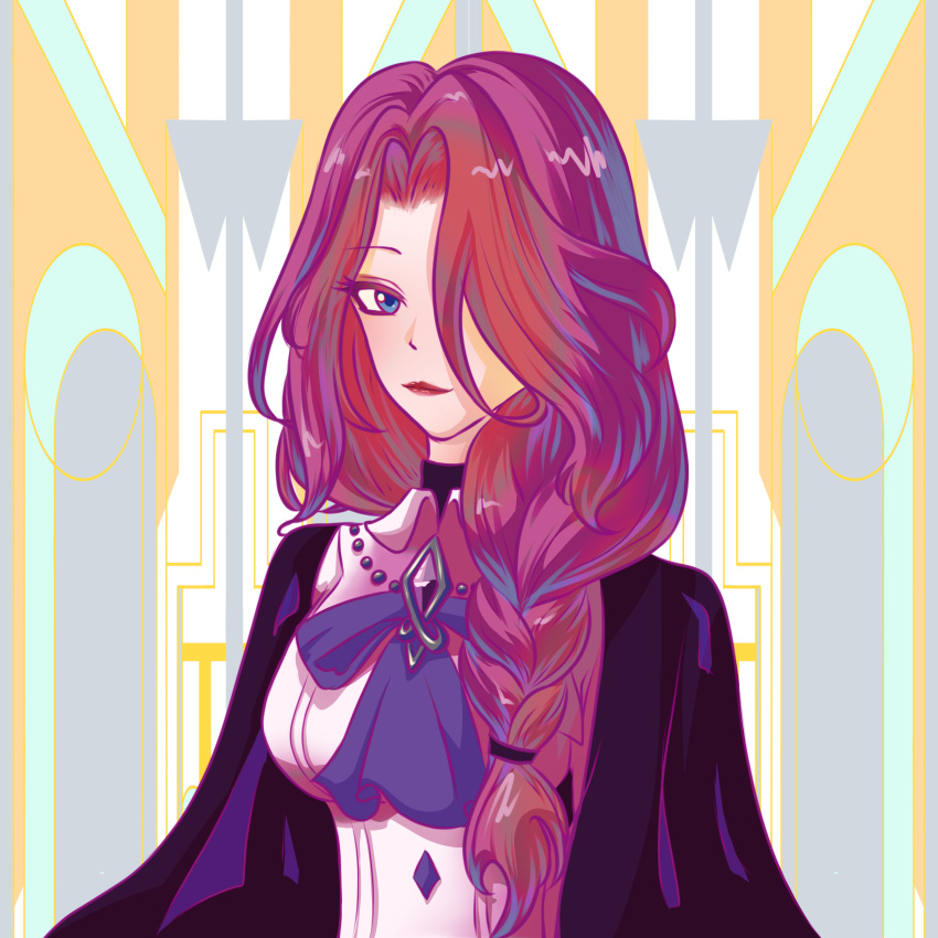 1girl absurdres ascot black_cape blue_eyes braid brooch cape commentary_request crucabena_(genshin_impact) genshin_impact hair_over_one_eye highres jewelry long_hair looking_at_viewer purple_ascot purple_hair red_lips shirt single_braid smile solo upper_body white_shirt yunshu