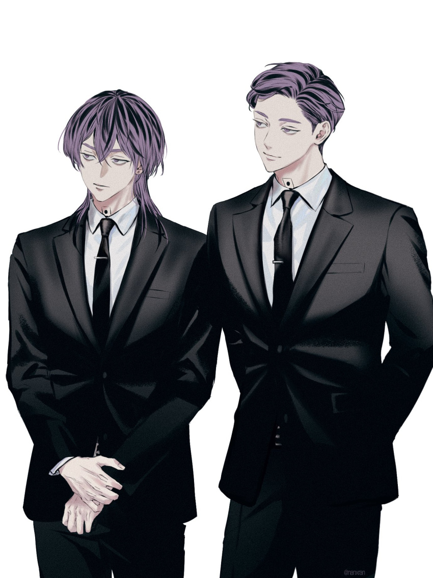 2boys arms_behind_back black_jacket black_necktie black_suit closed_mouth collared_shirt cowboy_shot ear_piercing expressionless haitani_ran haitani_rindou hand_on_own_wrist head_tilt highres jacket light_smile looking_to_the_side male_focus medium_hair multicolored_hair multiple_boys nanxran neck_tattoo necktie piercing purple_eyes purple_hair shirt short_hair simple_background standing streaked_hair suit tattoo tokyo_revengers white_shirt wolf_cut