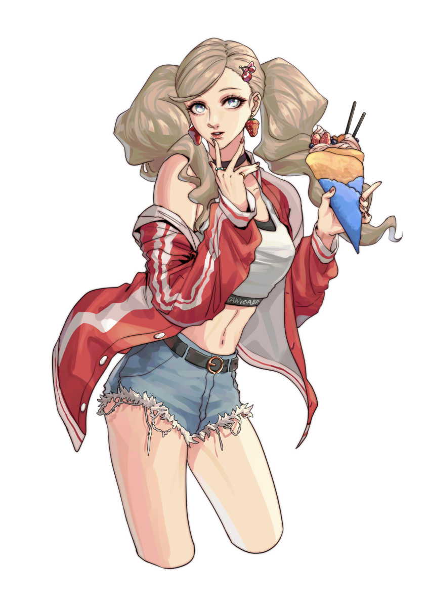 1girl blonde_hair blue_eyes blue_shorts cherry_hair_ornament commentary crop_top denim denim_shorts earrings english_commentary finger_to_mouth food-themed_hair_ornament hair_ornament hairclip highres holding holding_ice_cream_cone ice_cream_cone jacket jewelry kurokawa_karasu looking_at_viewer midriff navel open_clothes open_jacket parted_lips persona persona_5 red_jacket ring shorts solo standing takamaki_anne tank_top torn_clothes torn_shorts twintails white_tank_top