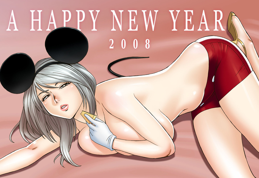 2008 animal_ears breasts cheese chinese_zodiac cosplay disney food high_heels highres huge_breasts lying mickey_mouse mickey_mouse_(cosplay) mouse_ears new_year sandals shoes silver_hair solo tatsunami_youtoku year_of_the_rat