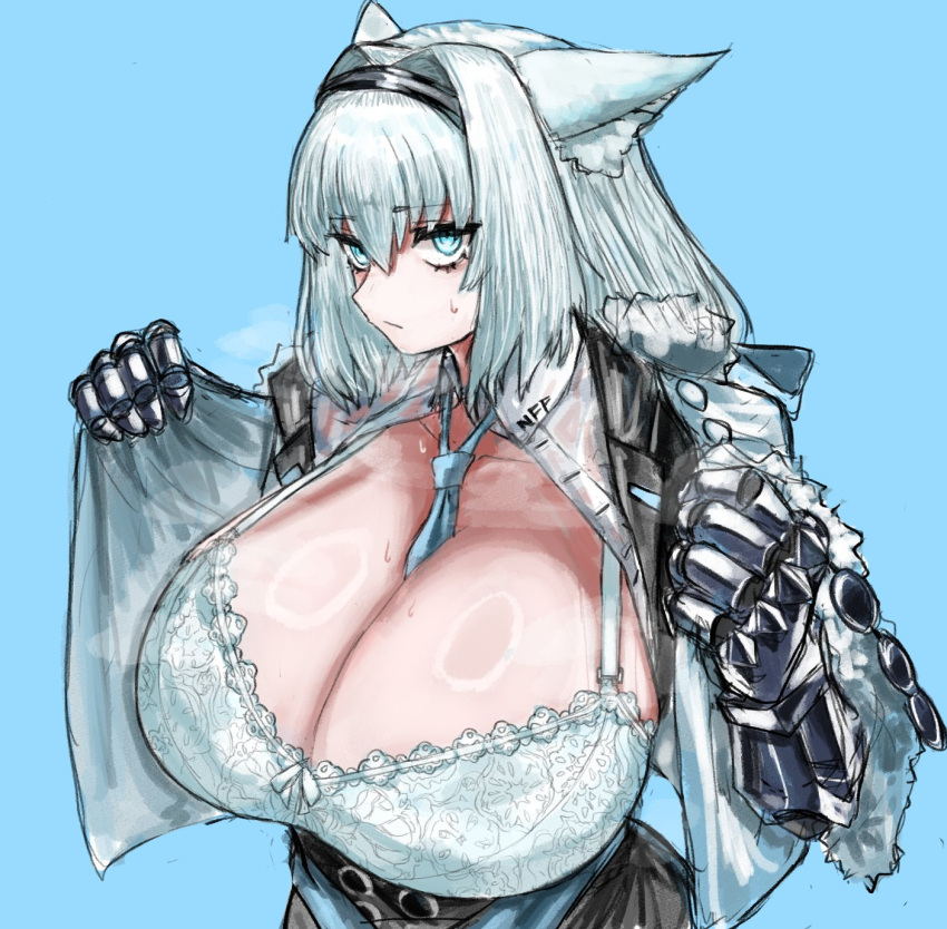 1girl animal_ears between_breasts blue_background blue_eyes bra breasts cat_ears cat_girl cleavage closed_mouth dobrynya_nikitich_(fate) dress_shirt fate/grand_order fate_(series) gauntlets hairband highres huge_breasts lace lace-trimmed_bra lace_trim large_breasts looking_at_viewer maabo_harusame necktie necktie_between_breasts open_clothes open_shirt opened_by_self shirt simple_background solo sweat sweatdrop underwear white_bra white_hair white_shirt