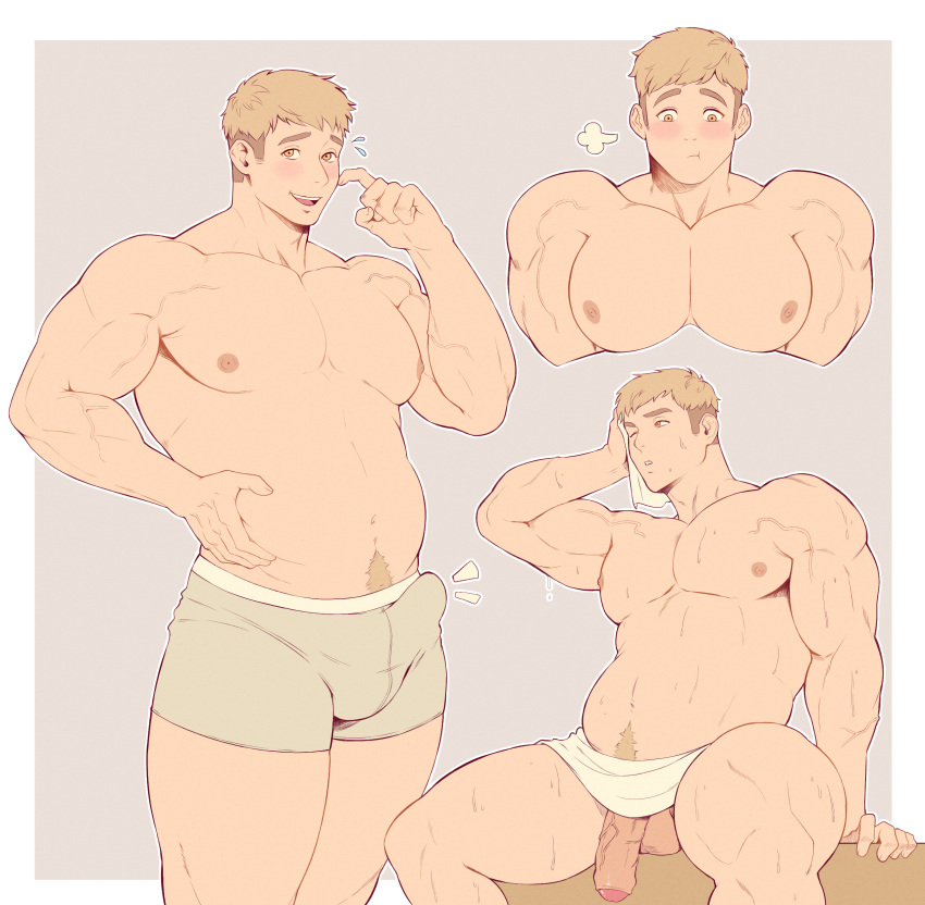 1boy absurdres bara blonde_hair blush bulge dungeon_meshi erection erection_under_clothes highres laios_touden large_pectorals male_focus male_underwear muscular muscular_male naked_towel navel navel_hair nipples one_eye_closed open_mouth pectorals penis rekkinj short_hair simple_background sitting smile testicles towel underwear white_male_underwear yellow_eyes