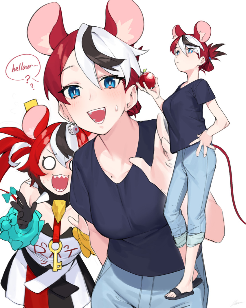 2girls animal_ear_fluff animal_ears black_hair blue_eyes collar collarbone dasdokter denim embarrassed hakos_baelz hakos_baelz_(1st_costume) highres hololive hololive_english jeans key looking_at_viewer mama_rat_(hakos_baelz) mole mother_and_daughter mouse_ears mouse_girl mouse_tail multicolored_hair multiple_girls pants red_hair sandals sharp_teeth simple_background spiked_collar spikes streaked_hair tail teeth twintails virtual_youtuber white_background white_hair