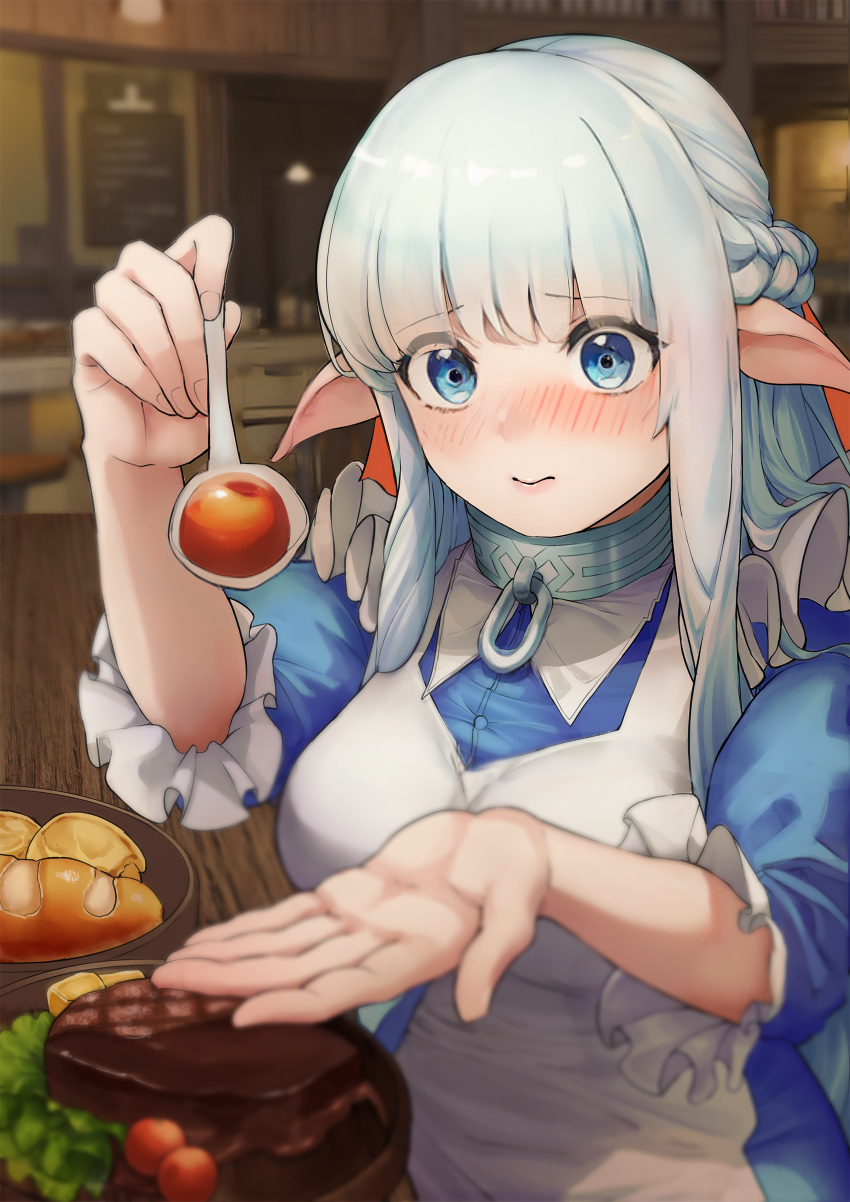 1girl absurdres apron blue_dress blue_eyes blush braid bread breasts cherry_tomato collar dress elf embarrassed feeding food full-face_blush highres holding holding_spoon large_breasts lettuce lips long_hair looking_at_viewer maid maid_apron maou_no_ore_ga_dorei_elf_wo_yome_ni_shitanda_ga_dou_medereba_ii? metal_collar nephelia plate pointy_ears santori sitting sleeves_rolled_up solo spoon steak table tomato upper_body very_long_hair white_apron white_hair wooden_table