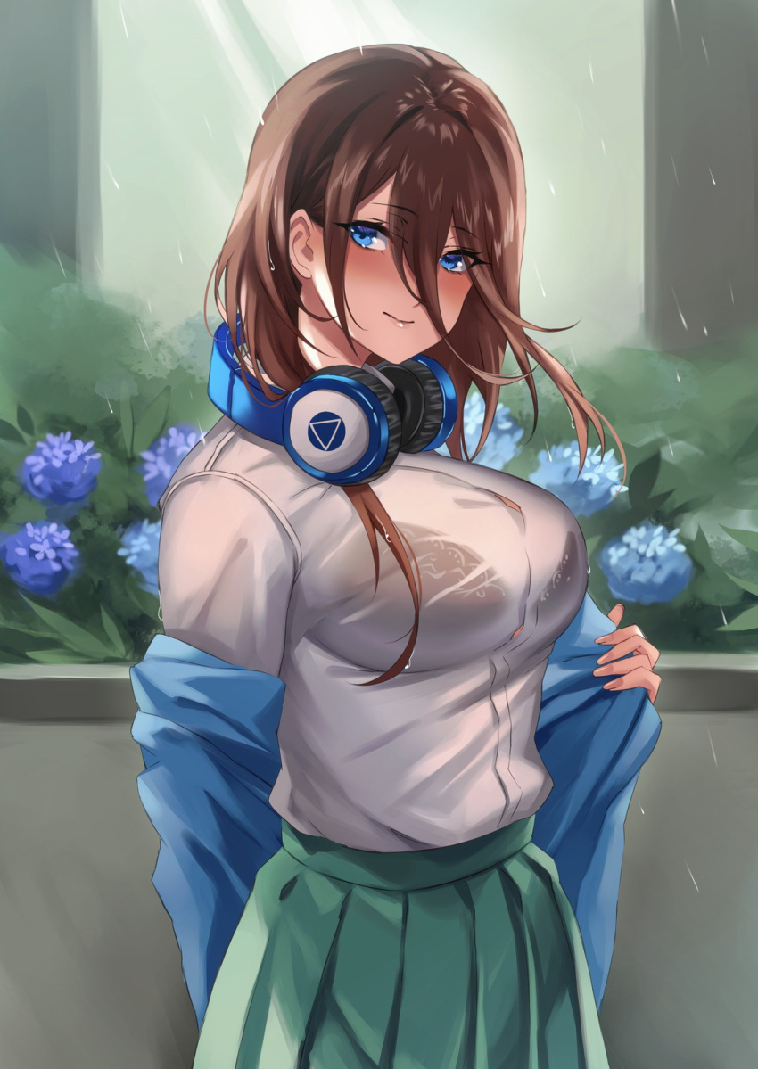 1girl blue_cardigan blue_eyes blue_flower bra_visible_through_clothes breasts brown_hair cardigan closed_mouth commentary_request flower go-toubun_no_hanayome green_skirt headphones headphones_around_neck highres inue_ao large_breasts long_hair_between_eyes looking_at_viewer nakano_miku off_shoulder pleated_skirt rain school_uniform see-through shirt shirt_tucked_in skirt smile solo wet wet_clothes wet_shirt white_shirt