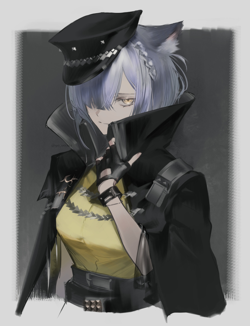 1girl :| aiguillette animal_ears arknights arm_at_side black_background black_gloves black_hat black_jacket black_skirt border bracelet breasts cat_ears cat_girl closed_mouth collared_jacket cropped_torso delphine_(arknights) expressionless fingerless_gloves gloves grey_hair hair_over_one_eye hand_on_own_chest hat high-waist_skirt highres jacket jewelry large_breasts looking_at_viewer medium_hair one_eye_covered open_clothes open_jacket outside_border parted_bangs peaked_cap shirt shirt_tucked_in simple_background skirt solo tented_shirt tsuji_yashiki twitter_username white_border yellow_eyes yellow_shirt