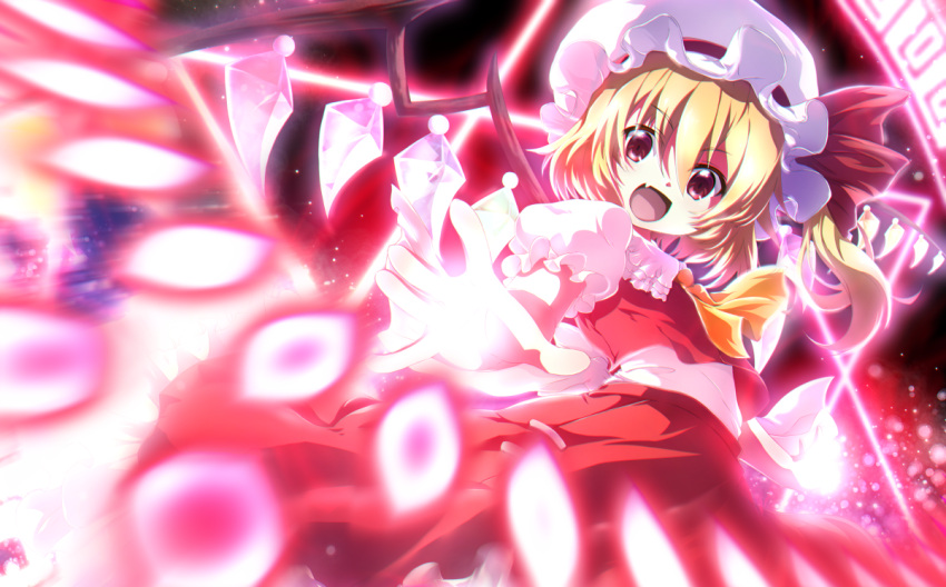 1girl ascot blonde_hair crystal_wings fang flandre_scarlet frills hat hat_ribbon kouji-nojima mob_cap open_mouth red_ribbon ribbon side_ponytail skin_fang solo touhou yellow_ascot