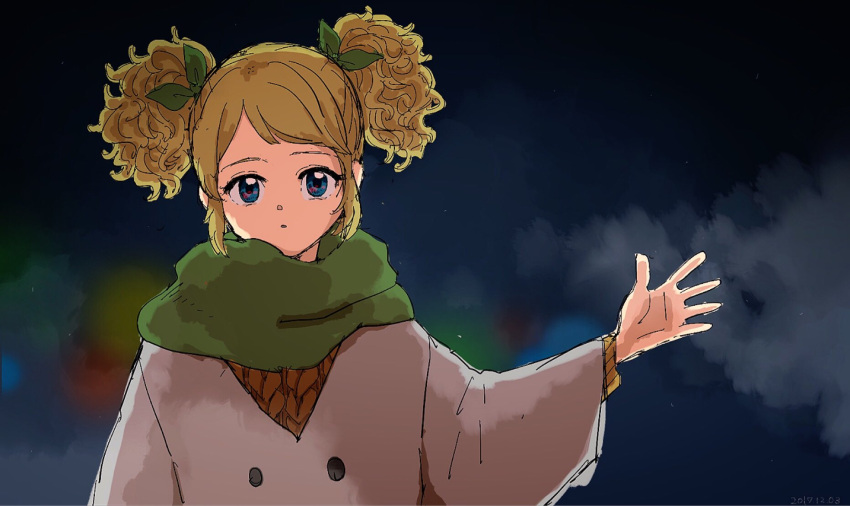 1girl aikatsu! aikatsu!_(series) alternate_costume blonde_hair blue_eyes blurry blurry_background bokeh brown_coat coat depth_of_field expressionless green_ribbon green_scarf hair_ribbon hand_up highres light_particles long_sleeves looking_at_viewer open_hand orange_sweater osouzai-kun parted_lips ribbon saegusa_kii scarf short_hair short_twintails solo sweater twintails upper_body