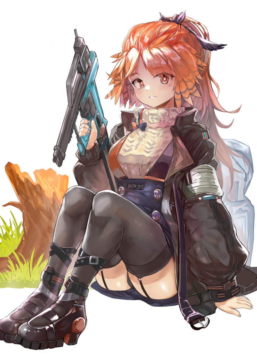 1girl :d arknights arm_at_side arm_rest backpack bag black_footwear black_jacket black_thighhighs blue_skirt blush boots brown_eyes full_body garter_straps grin high_heel_boots high_heels highres holding_tool jacket legs_together long_hair long_sleeves looking_at_viewer mg42cat-k1ng mole mole_under_eye nail_gun open_clothes open_jacket open_mouth orange_hair pinecone_(arknights) ponytail sidelocks simple_background skirt smile solo suspender_skirt suspenders sweater teeth thighhighs tree_stump turtleneck turtleneck_sweater white_background white_sweater