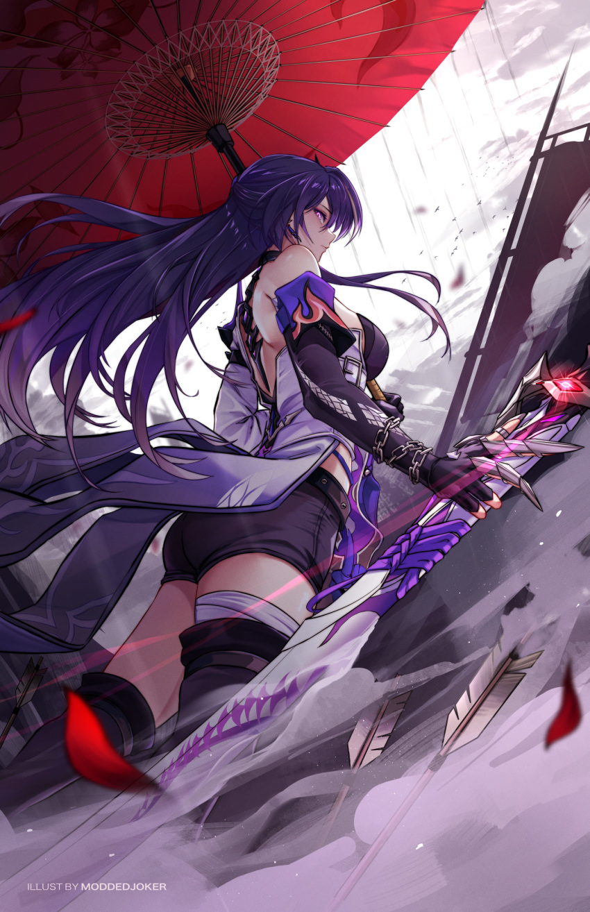 acheron_(honkai:_star_rail) boots breasts coat coattails detached_sleeves falling_petals gloves hair_over_one_eye highres honkai:_star_rail honkai_(series) leg_tattoo long_hair midriff moddedjoker multicolored_hair oil-paper_umbrella petals purple_eyes purple_hair red_petals red_umbrella scabbard sheath sheathed short_shorts shorts sideboob single_bare_shoulder smoke solo streaked_hair sword tattoo thigh_boots umbrella weapon white_coat