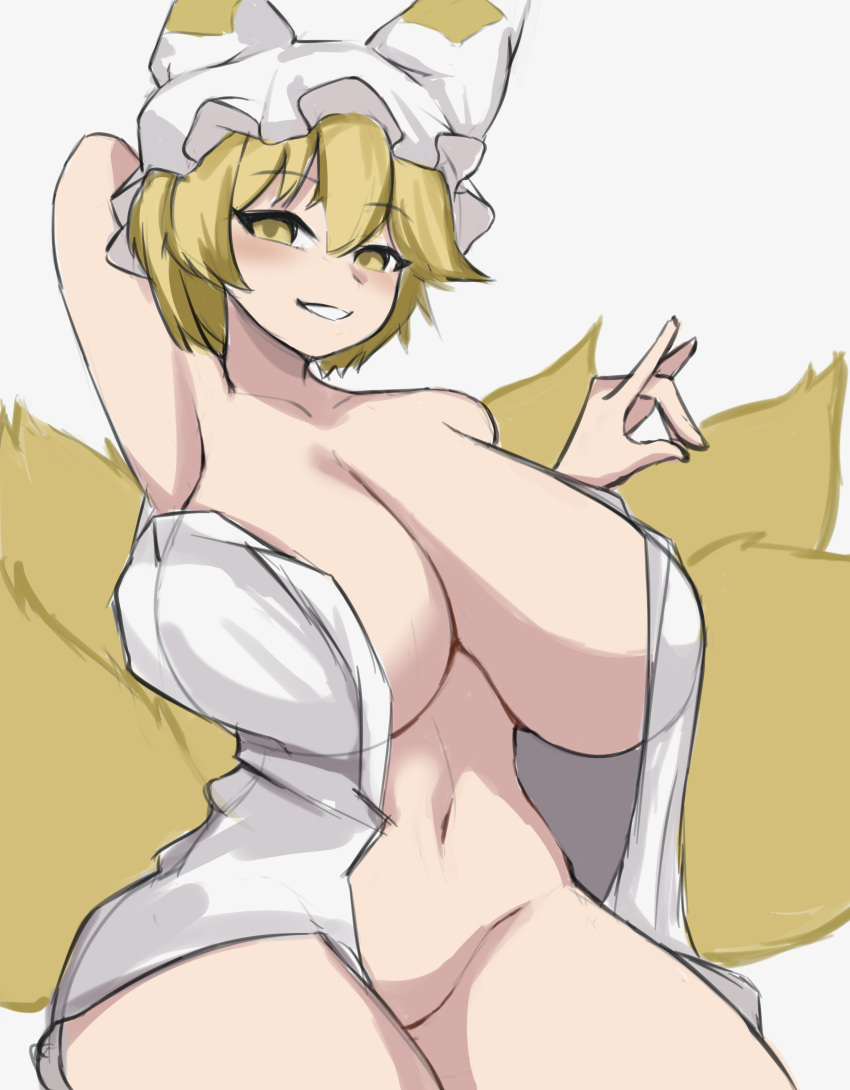 1girl absurdres animal_ears blonde_hair breasts fox_ears fox_tail get2_audio hat highres large_breasts navel no_bra no_panties open_clothes open_shirt shirt smile tail touhou white_shirt yakumo_ran yellow_eyes