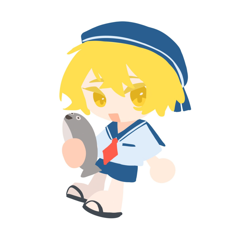 1boy animal black_footwear blonde_hair blue_hat blue_sailor_collar chibi electricleaf fish highres holding holding_animal holding_fish limbus_company long_sleeves looking_at_viewer male_focus necktie open_mouth project_moon red_necktie sacabambaspis sailor_collar sandals shirt simple_background sinclair_(project_moon) solo white_background white_shirt yellow_eyes