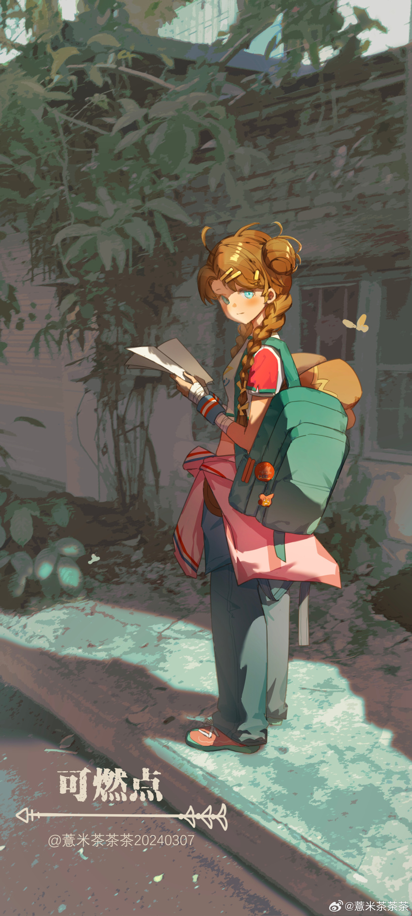 1girl absurdres artist_name backpack bag bandaged_arm bandages blue_eyes blue_pants blue_wristband book braid brick_wall brown_hair character_name chinese_text clothes_around_waist double_bun from_side full_body green_bag hair_bun hair_ornament hairclip highres holding holding_book long_hair looking_at_viewer midriff open_book outdoors pants pink_footwear plant reverse:1999 shirt shoes short_sleeves sneakers solo spathodea_(reverse:1999) standing t-shirt twin_braids weibo_logo weibo_watermark white_shirt yimichachacha