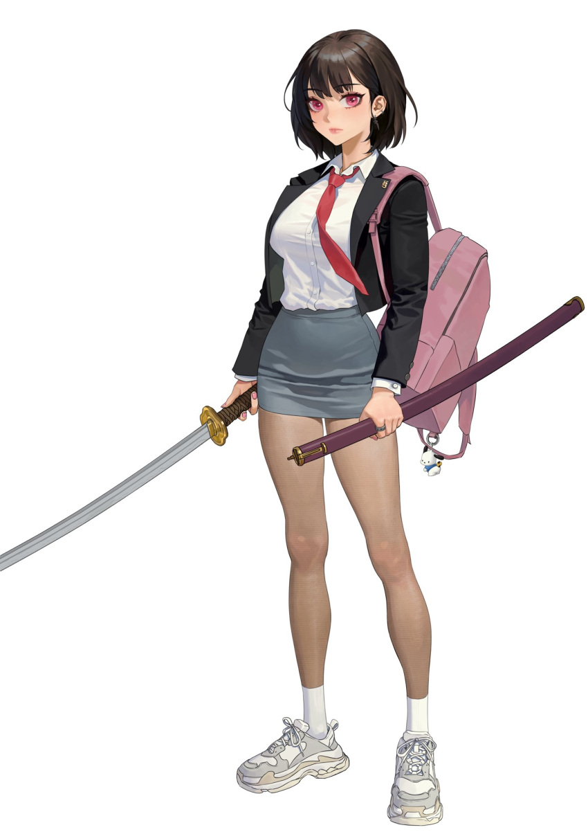 1girl backpack bag bag_charm black_jacket brown_hair charm_(object) commentary covered_navel english_commentary full_body grey_skirt high-waist_skirt highres holding holding_sword holding_weapon hongcasso jacket katana looking_at_viewer necktie oran_(hongcasso) original pink_bag pink_eyes red_necktie shirt shoes short_hair simple_background skirt sneakers socks solo standing sword weapon white_background white_footwear white_shirt white_socks