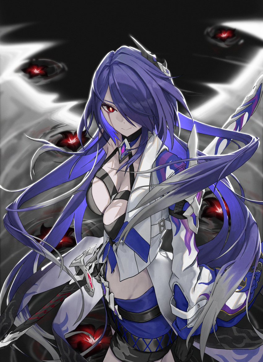 1girl absurdres acheron_(honkai:_star_rail) black_choker black_gloves black_shorts blood blood_from_eyes breasts chain choker cleavage coat coattails detached_sleeves flower gloves gradient_hair hair_over_one_eye highres honkai:_star_rail honkai_(series) long_hair midriff multicolored_hair navel purple_hair red_eyes red_flower scabbard sheath sheathed short_shorts shorts single_bare_shoulder solo stomach streaked_hair sword user_hgfa3378 weapon white_coat white_hair