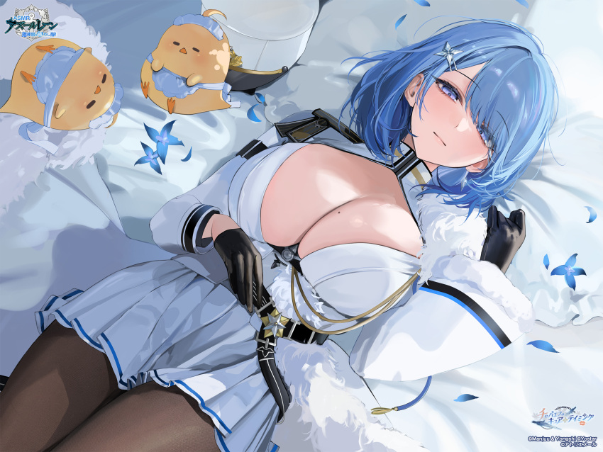 1girl animal azur_lane bed_sheet belt bird black_belt black_gloves black_pantyhose blue_hair blush breasts brown_pantyhose chain chapayev_(azur_lane) chick cleavage cleavage_cutout closed_mouth clothing_cutout copyright_name copyright_notice flower fur_trim gloves hair_ornament hair_over_one_eye hairclip hat highres jacket kandzume_(kandume200) large_breasts logo long_sleeves looking_at_viewer lying manjuu_(azur_lane) medium_hair military_hat miniskirt mole mole_on_breast non-web_source official_art on_back on_bed pantyhose peaked_cap petals pillow pleated_skirt purple_eyes skirt smile solo swept_bangs thighs unworn_hat unworn_headwear white_hat white_jacket white_skirt