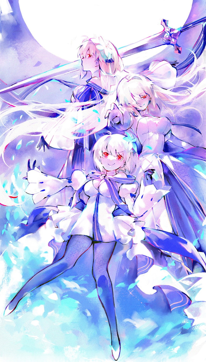 3girls archetype_earth arcueid_brunestud blonde_hair blue_petals dress fate/grand_order fate_(series) full_moon highres long_hair long_sword moon multiple_girls numuhe red_eyes short_hair sideways_glance smile sword tsukihime weapon white_dress