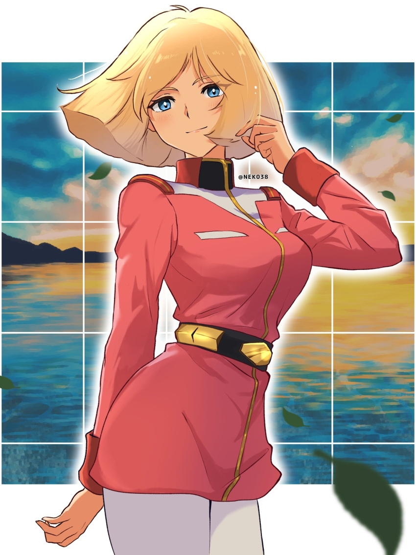 1girl blonde_hair blue_eyes blush earth_federation gundam highres looking_at_viewer military military_uniform mizuno374 mobile_suit_gundam mobile_suit_gundam_the_origin ocean sayla_mass smile uniform