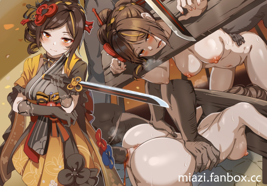 1boy 1girl ass asymmetrical_sidelocks black_gloves blonde_hair blood blush breasts brown_hair chiori_(genshin_impact) choker commentary_request defeat defloration doggystyle drill_hair drill_ponytail elbow_gloves fanbox_username genshin_impact gloves grey_kimono hair_ornament hair_stick haori hetero holding holding_sword holding_weapon japanese_clothes katana kimono large_breasts long_hair looking_at_viewer miazi navel nipples paid_reward_available pillory rape red_eyes red_sash restrained ribbon_choker sash short_kimono skirt stationary_restraints sweat sword weapon yellow_skirt