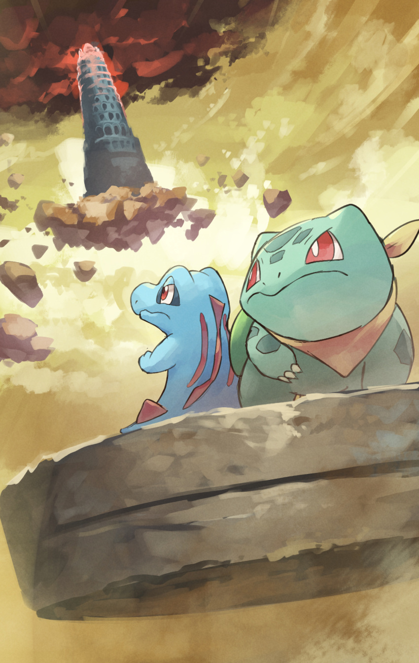 bandana bandana_around_neck blue_skin blurry blurry_background bulbasaur clenched_hand closed_mouth colored_eyelashes colored_skin crocodile crocodilian floating_island green_skin hakkentai_pokedan highres looking_up pokemon pokemon_mystery_dungeon serious totodile tower yellow_bandana