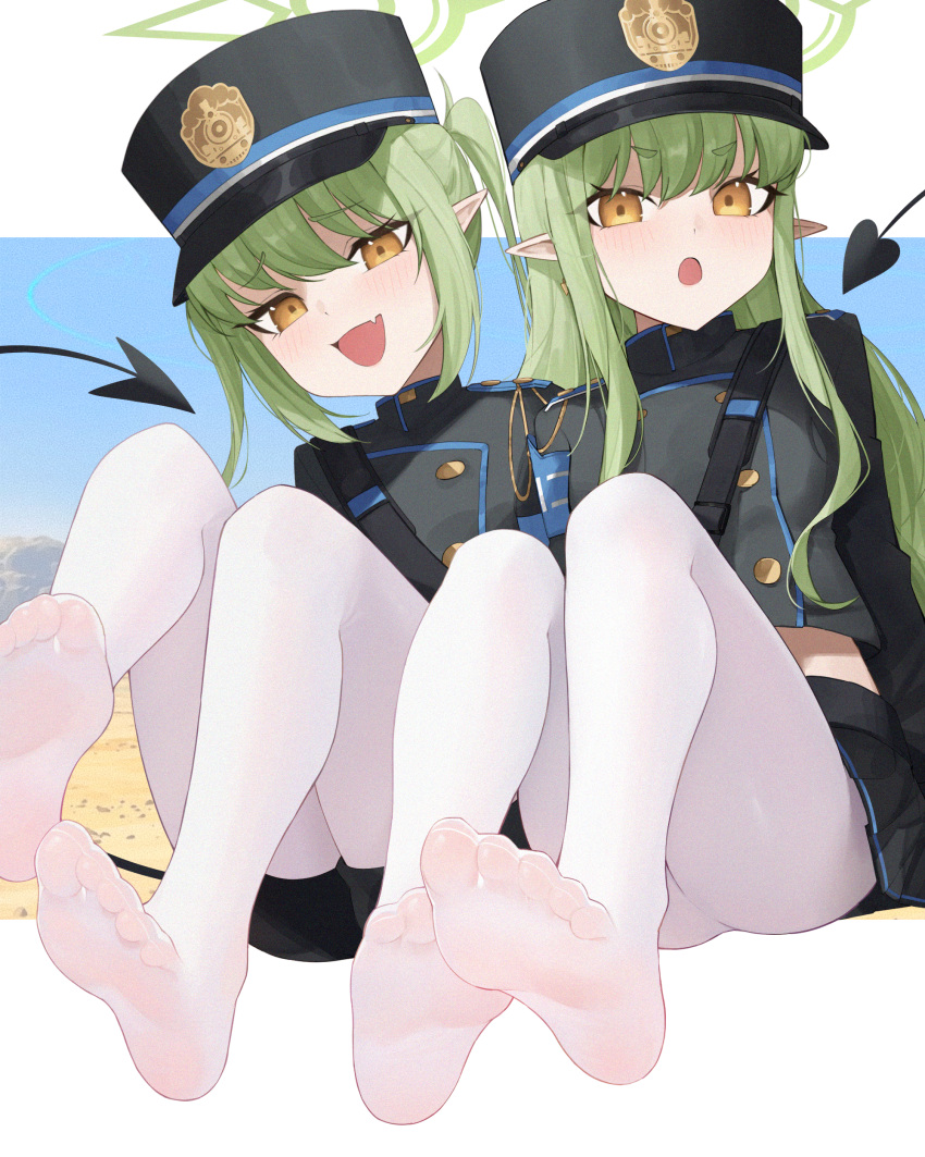 2girls absurdres armband black_hat black_jacket black_shorts black_skirt blue_archive blue_armband blush buttons commentary demon_tail double-breasted fang feet green_hair green_halo halo hat highres hikari_(blue_archive) jacket legs_up long_hair long_sleeves looking_at_viewer miniskirt multiple_girls no_shoes nozomi_(blue_archive) open_mouth pantyhose peaked_cap pleated_skirt pointy_ears short_shorts shorts sidelocks sitting skin_fang skirt smile soles symbol-only_commentary tail toes twintails weimiaw white_pantyhose yellow_eyes