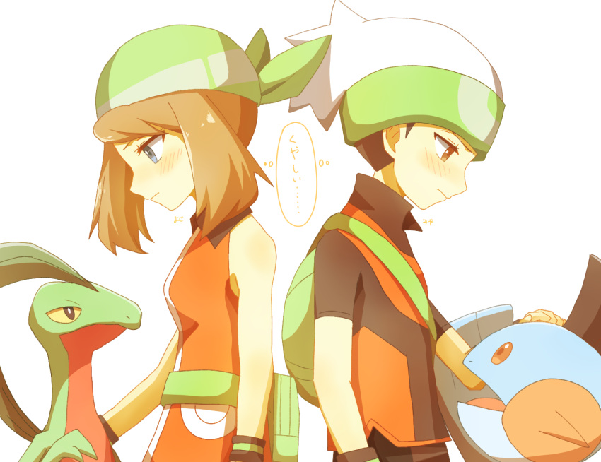 1boy 1girl backpack bag bandana bare_shoulders black_hair blue_eyes blush brendan_(pokemon) brown_eyes brown_hair closed_mouth dress fanny_pack from_side green_bag green_bandana grovyle hand_on_another's_head hat looking_at_another marshtomp may_(pokemon) open_mouth orange_dress pokemon pokemon_(creature) pokemon_emerald pokemon_rse shared_speech_bubble shirt short_hair sleeveless sleeveless_dress speech_bubble translation_request upper_body white_background white_hat ymzmi