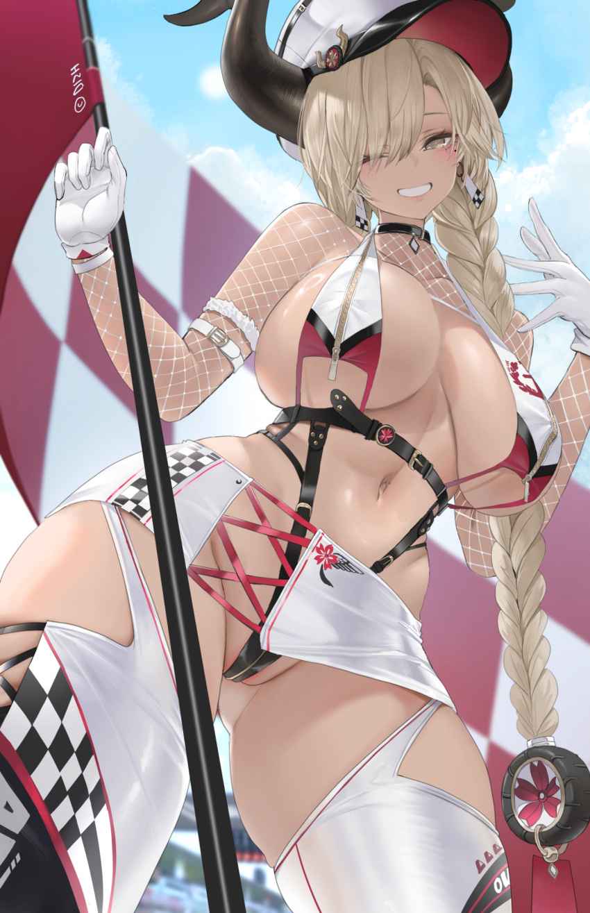 1girl alternate_costume azur_lane black_horns blonde_hair blush braid breasts cleavage day dishwasher1910 earrings english_commentary fishnet_top fishnets flag from_below gloves hair_ornament hands_up harness hat highres horns jewelry large_breasts long_hair looking_at_viewer miniskirt mixed-language_commentary navel one_eye_closed outdoors owari_(azur_lane) parted_lips partially_visible_vulva race_queen sideboob skirt smile solo strap teeth thighhighs thighs white_gloves white_hat white_skirt white_thighhighs yellow_eyes