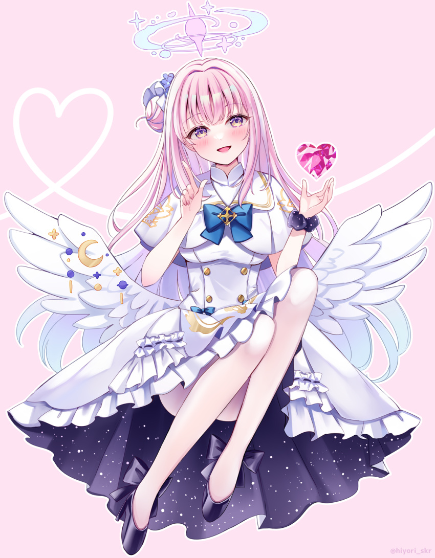 1girl :d black_footwear black_scrunchie blue_archive blue_bow blush bow breasts capelet commentary_request convenient_leg crescent dress feathered_wings frilled_dress frills halo hands_up heart highres long_hair looking_at_viewer medium_breasts mika_(blue_archive) pink_background pink_hair purple_eyes sakura_hiyori scrunchie shoes smile solo twitter_username very_long_hair white_capelet white_dress white_wings wings wrist_scrunchie