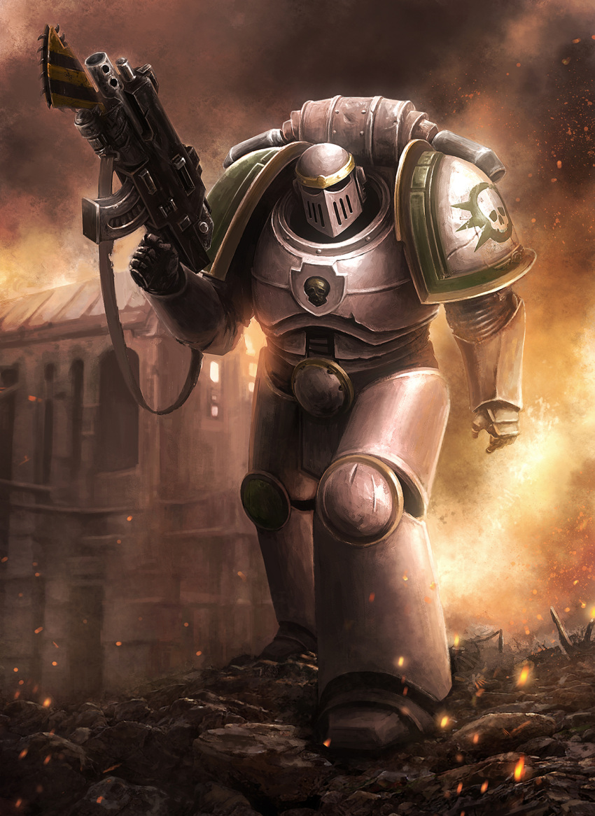 1boy adeptus_astartes alternate_costume armor armored_boots bayonet bolter boots burning celeng commission death_guard english_commentary fire gun hazard_stripes highres holding holding_gun holding_weapon looking_at_viewer male_focus outdoors pauldrons science_fiction shoulder_armor skull solo space_marine standing warhammer_40k weapon