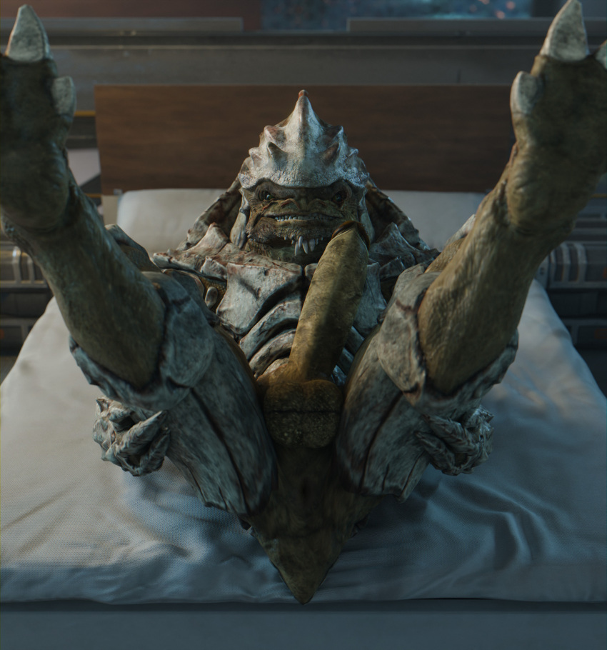 alien anus balls bed bioware electronic_arts furniture genitals hi_res krogan legs_up looking_at_viewer lying male mass_effect on_back on_bed penis presenting rooking solo