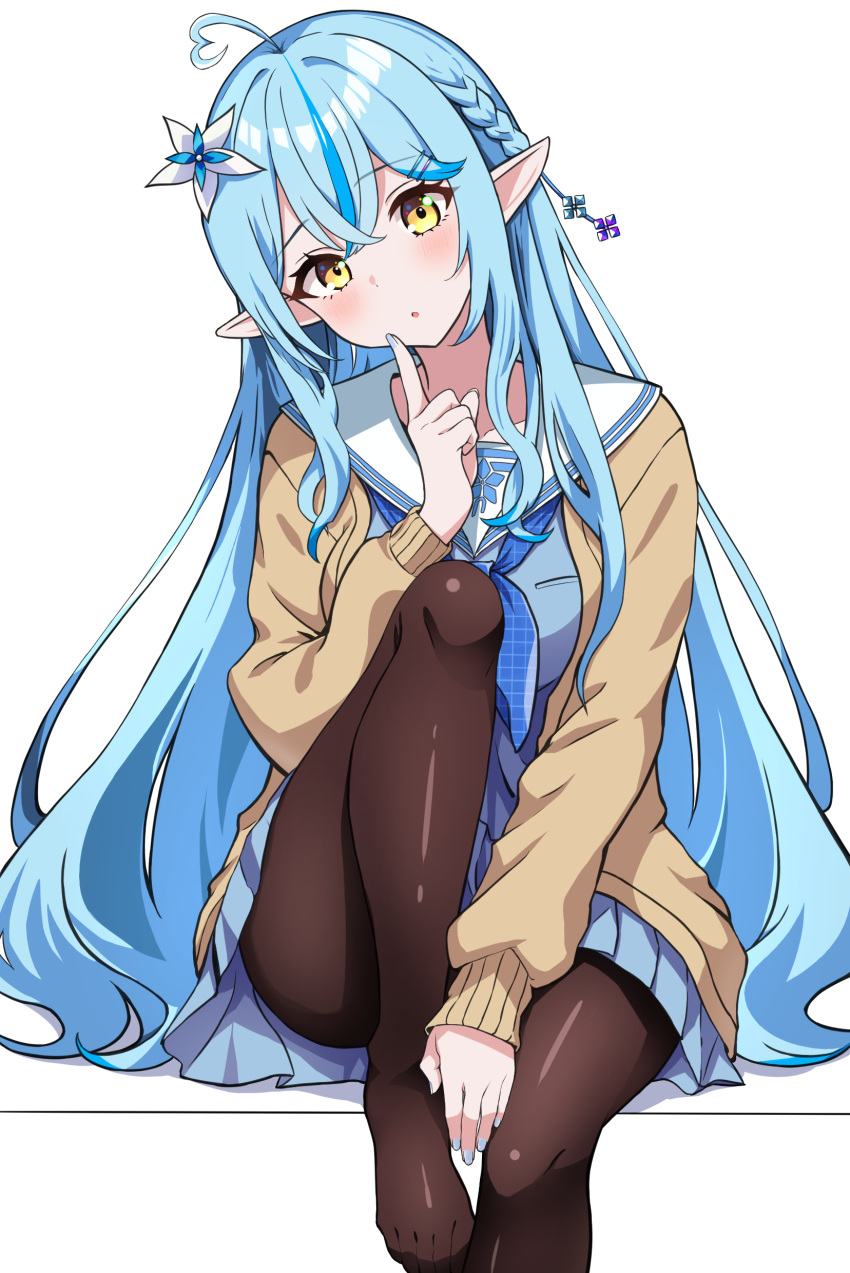 1girl absurdres ahoge black_pantyhose blue_hair blue_nails blue_neckerchief blue_skirt braid brown_cardigan cardigan flower hair_flower hair_ornament head_tilt heart heart_ahoge highres hololive index_finger_raised long_hair long_sleeves looking_at_viewer minasoko1130 miniskirt nail_polish neckerchief open_mouth pantyhose pleated_skirt pointy_ears sailor_collar school_uniform serafuku simple_background single_braid sitting skirt solo very_long_hair virtual_youtuber white_background white_flower white_sailor_collar yellow_eyes yukihana_lamy