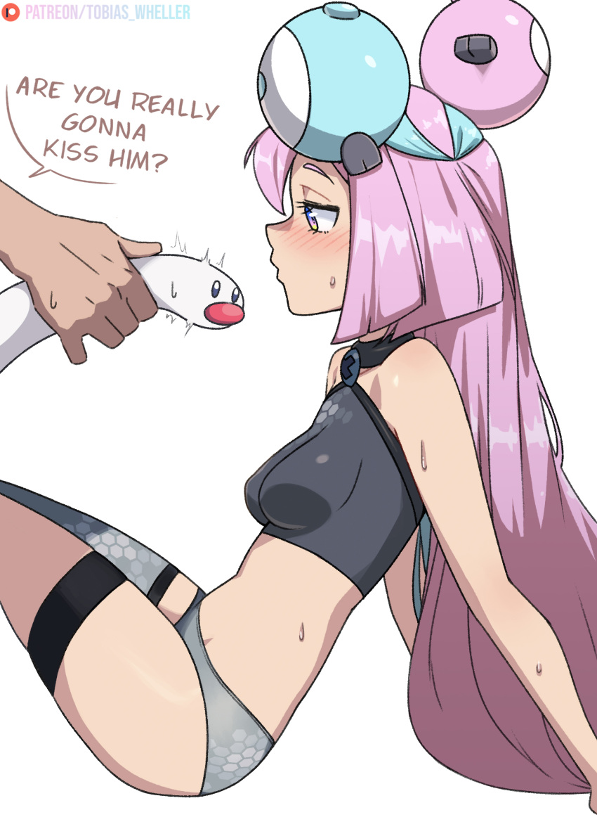 1boy 1girl absurdres adapted_costume arm_support blush breasts character_hair_ornament commentary english_text green_hair grey_panties grey_thighhighs hair_ornament highres holding holding_pokemon iono_(pokemon) leaning_back long_hair multicolored_hair panties patreon_logo pink_hair pokemon pokemon_(creature) pokemon_sv shirt single_thighhigh speech_bubble sweat thigh_strap thighhighs tobias_wheller two-tone_hair underwear watermark white_background wiglett