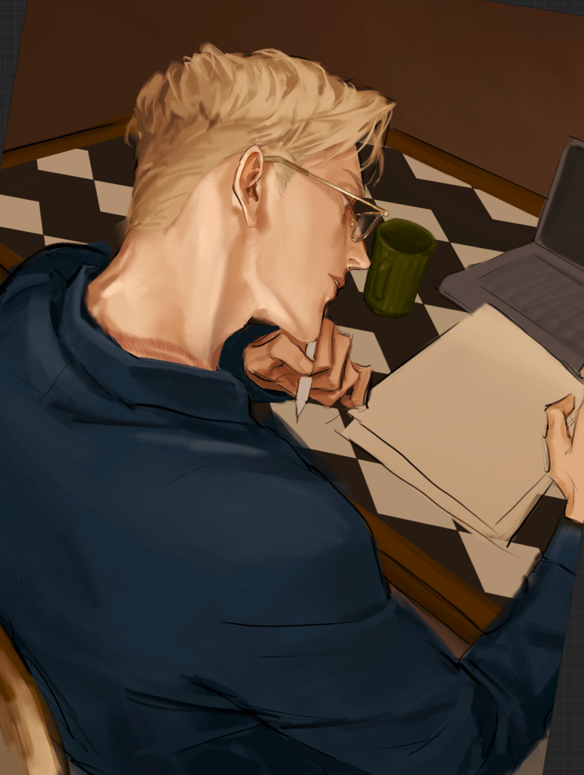 1boy absurdres blonde_hair blue_shirt brown_eyes computer cup dong_er_felt glasses highres holding holding_pen jujutsu_kaisen laptop lips long_sleeves male_focus mug nanami_kento papers parted_lips pen shirt sitting solo undercut upper_body