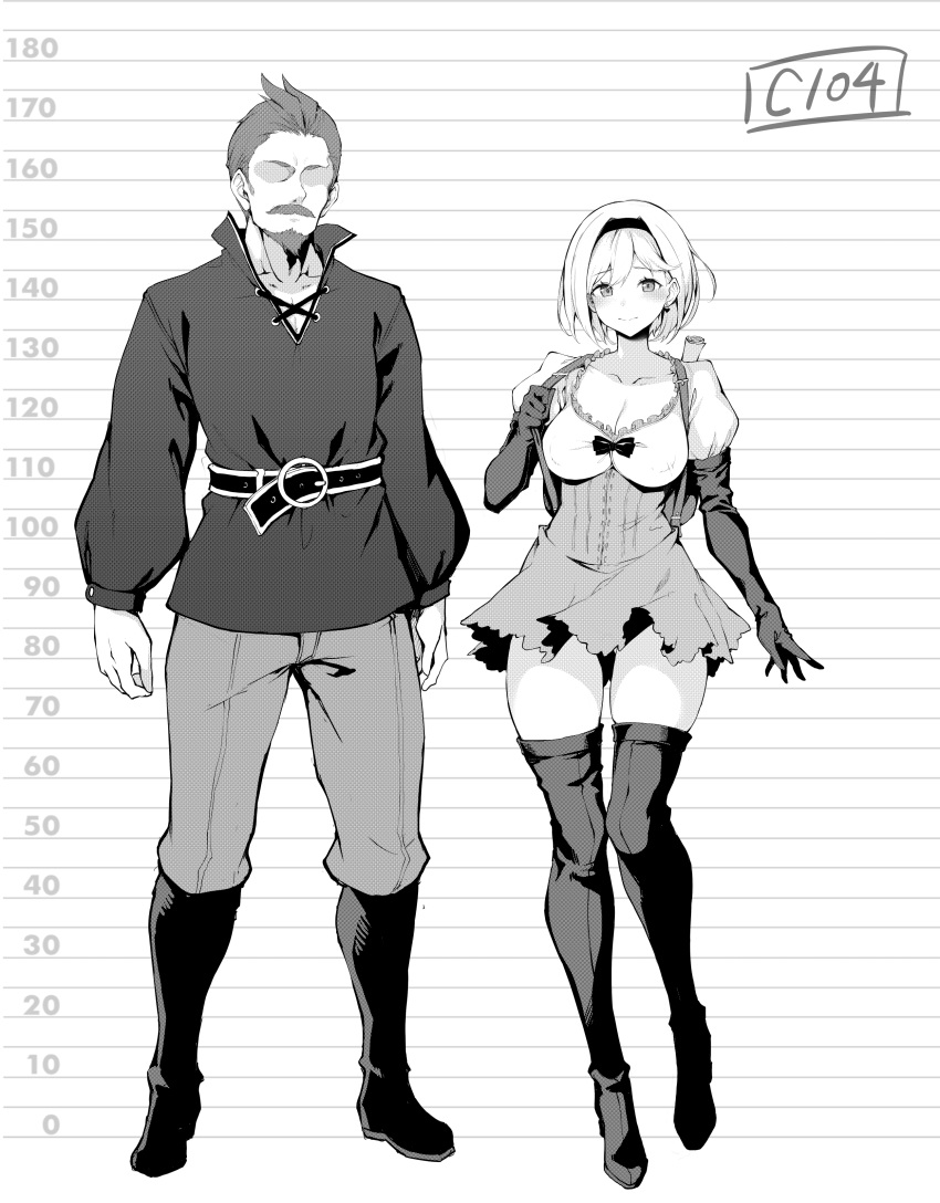 1boy 1girl absurdres backpack bag beard belt boots bow djeeta_(granblue_fantasy) elbow_gloves facial_hair gloves granblue_fantasy height_chart height_difference highres kneehighs monochrome mustache nanahara_fuyuki shirt short_hair skirt socks thick_thighs thighhighs thighs zettai_ryouiki