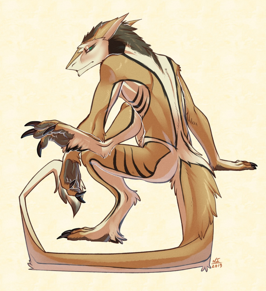 genitals hi_res invisible_chair looking_at_viewer male necroizu pawpads penis prehensile_penis sergal sitting solo tail tail_tuft tuft