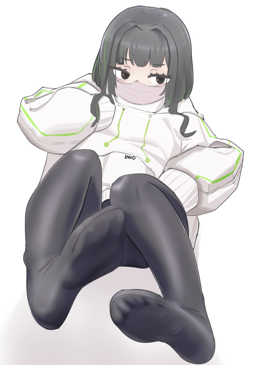 1girl absurdres black_pantyhose colored_inner_hair feet highres hood hoodie inno_(amputator) legs mask mouth_mask multicolored_hair no_shoes original pantyhose short_hair sitting soles solo thighhighs toes watermark white_background