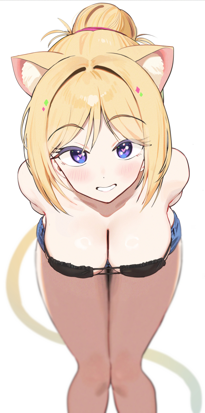 1girl absurdres aki_rosenthal alternate_costume animal_ears bikini black_bikini blonde_hair blue_eyes blue_shorts blush breasts cat_ears cat_tail cleavage commentary eyepatch_bikini hair_bun heart heart-shaped_pupils highres hololive kemonomimi_mode large_breasts looking_at_viewer shiny_skin shorts simple_background single_hair_bun smile solo swimsuit symbol-shaped_pupils tail thighs twin_(tt_lsh) virtual_youtuber white_background