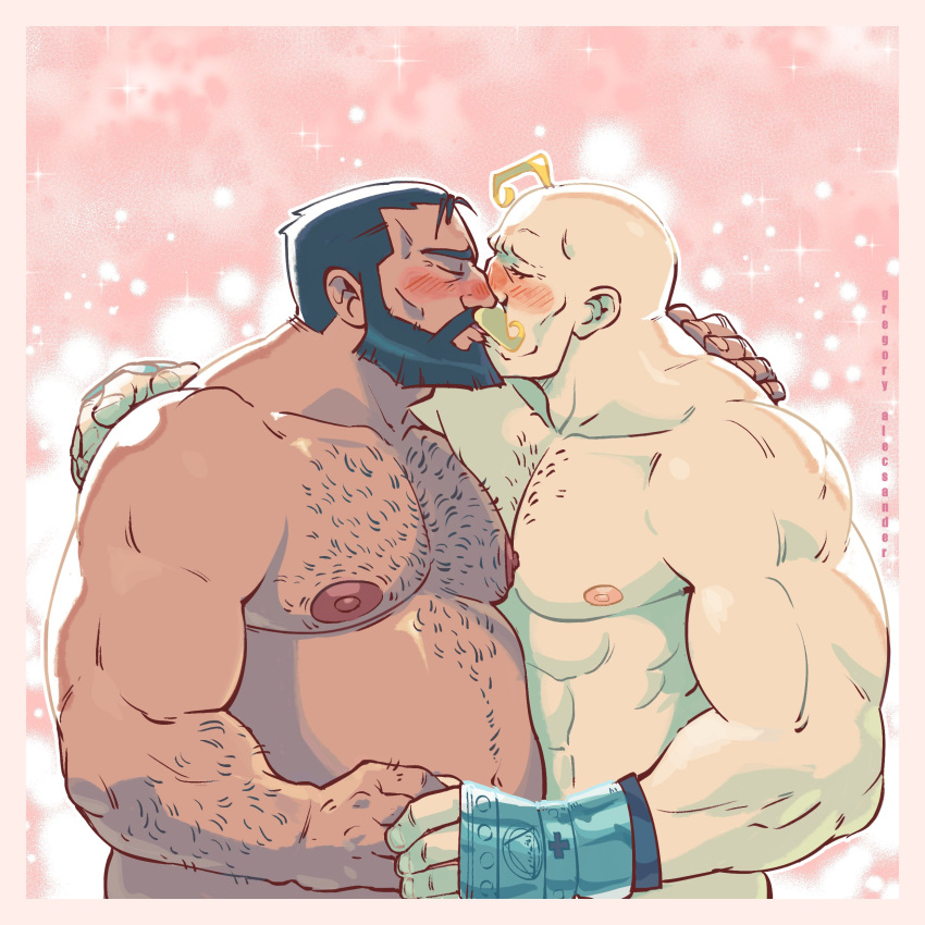 2boys abs absurdres alex_louis_armstrong bald bara beard belly bishie_sparkle black_hair blonde_hair blush closed_eyes couple cropped_torso dark-skinned_male dark_skin facial_hair from_side full_beard fullmetal_alchemist gregory_alecsander hairy hand_on_another's_shoulder highres holding_hands interracial large_pectorals male_focus mature_male multiple_boys muscular muscular_male navel_hair nipples pectorals pink_background plump receding_hairline short_hair sig_curtis sparse_chest_hair standing strongman_waist thick_arm_hair thick_beard thick_chest_hair thick_eyebrows topless_male yaoi