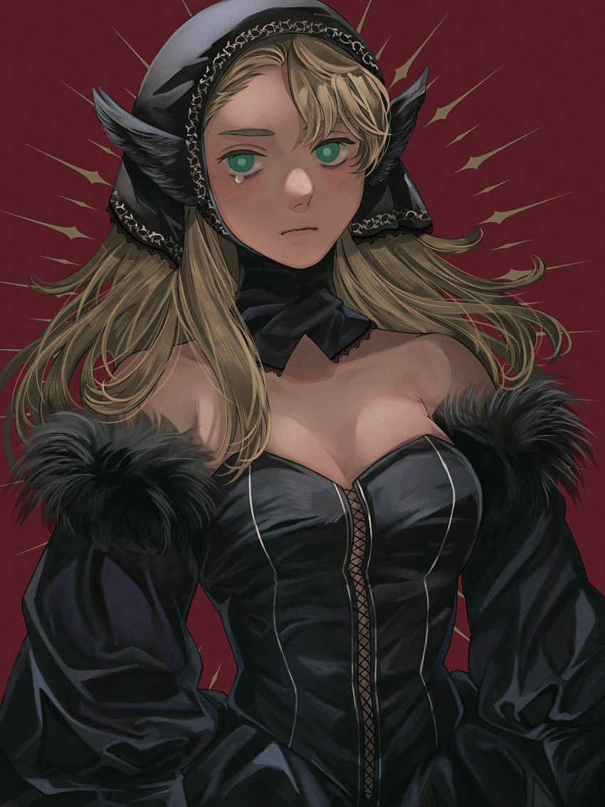 1girl animal_ears bare_shoulders black_dress black_hat black_sleeves blonde_hair breasts bright_pupils cleavage collarbone cross-laced_clothes cross-laced_dress detached_collar detached_sleeves dress dungeon_meshi expressionless fur-trimmed_sleeves fur_trim green_eyes green_pupils head_scarf highres long_hair looking_at_viewer marcille_donato marcille_donato_(lord) red_background sasakura34 simple_background solo spoilers strapless strapless_dress swept_bangs tears upper_body