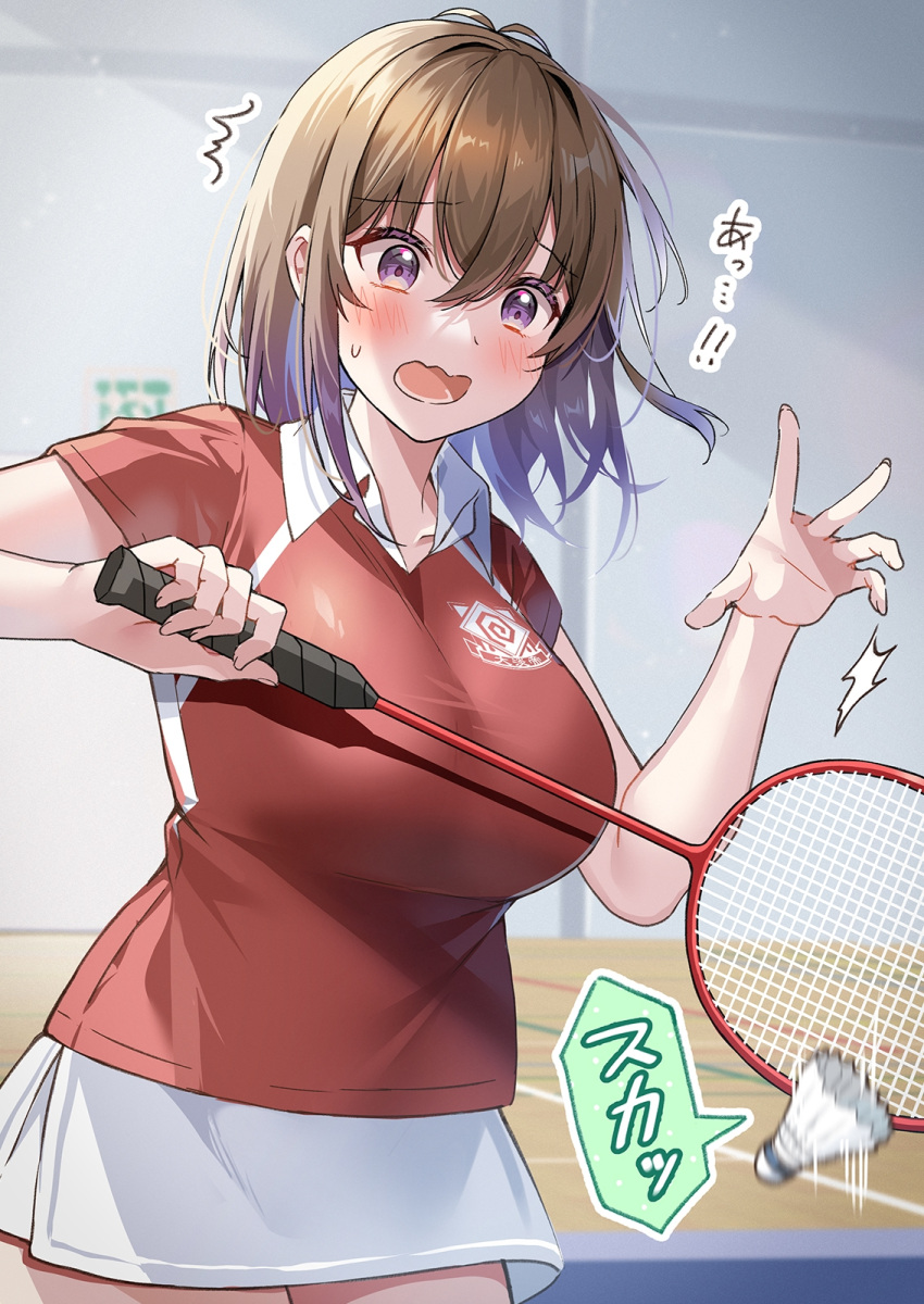 badminton_racket blush breasts brown_hair collared_shirt commentary_request gradient_hair gym hair_between_eyes hawawa-chan_(shiro_kuma_shake) highres holding holding_racket indoors large_breasts looking_at_viewer medium_hair multicolored_hair open_mouth original purple_eyes purple_hair racket red_shirt shiro_kuma_shake shirt short_sleeves shuttlecock skirt standing two-tone_hair wavy_mouth white_skirt wooden_floor