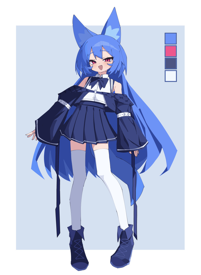 1girl :d absurdres animal_ear_fluff animal_ears arm_belt armpit_crease arms_at_sides bare_shoulders blue_hair blush boots bow bowtie child color_guide fox_ears fox_girl fox_tail full_body highres long_hair long_sleeves looking_at_viewer miya_(myakuro) myakuro open_mouth original pleated_skirt purple_bow purple_bowtie purple_footwear purple_skirt red_eyes shirt sidelocks simple_background skirt sleeveless sleeveless_shirt sleeves_past_wrists slit_pupils smile solo standing tail thighhighs very_long_hair white_shirt white_thighhighs wide_sleeves