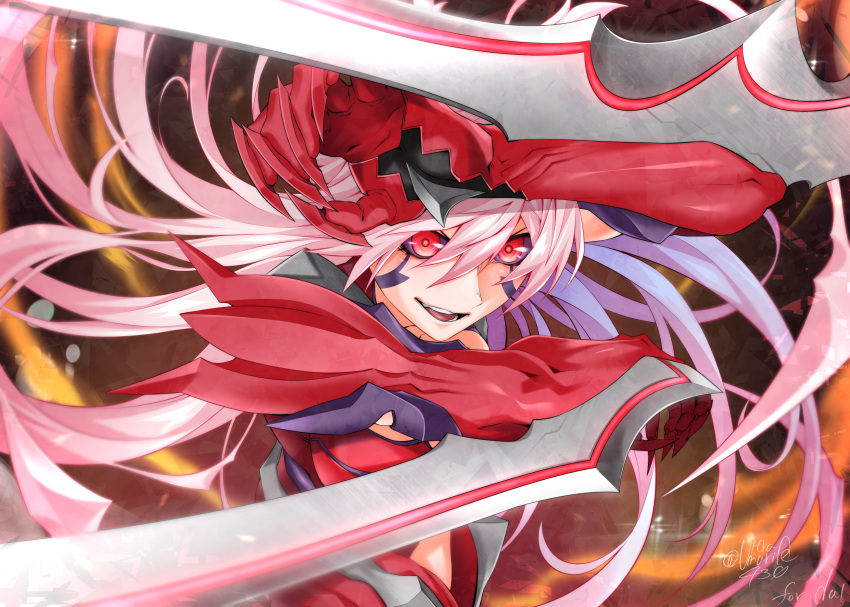 1girl :d absurdres amaha_masane arm_blade black_sclera claws colored_sclera commission facial_mark highres long_hair looking_at_viewer open_mouth pink_hair red_eyes shin_(ultramarine430) signature skeb_commission smile solo very_long_hair weapon witchblade