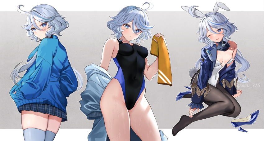 1girl absurdres blue_eyes blue_hair blush breasts commentary_request furina_(genshin_impact) genshin_impact highres light_blue_hair long_hair looking_at_viewer multicolored_hair multiple_views pantyhose seiru_(prairie) short_hair small_breasts streaked_hair thighs white_hair