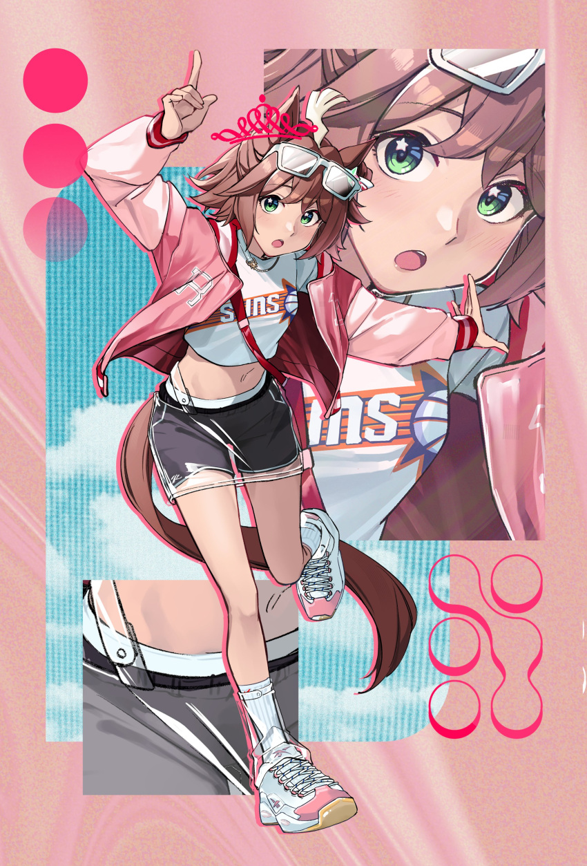 1girl :o absurdres ahoge alternate_costume animal_ears black_shorts brown_hair clothes_writing eyewear_on_head fuyukayui green_eyes highres horse_ears horse_girl huge_ahoge jacket looking_at_viewer midriff navel pink_jacket raglan_sleeves rhein_kraft_(umamusume) see-through see-through_skirt shirt shoes shorts skirt sneakers socks solo star_(symbol) star_in_eye sunglasses symbol_in_eye umamusume white_footwear white_shirt white_socks