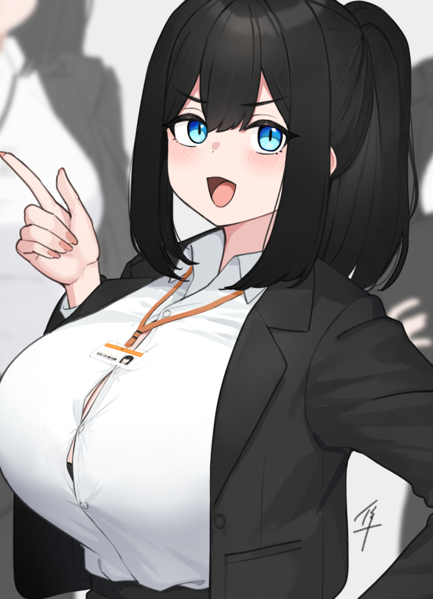 1girl black_hair black_jacket blue_eyes blush breasts hayabusa highres index_finger_raised jacket large_breasts long_hair long_sleeves looking_at_viewer office_lady open_mouth original ponytail shirt sidelocks smile solo white_shirt