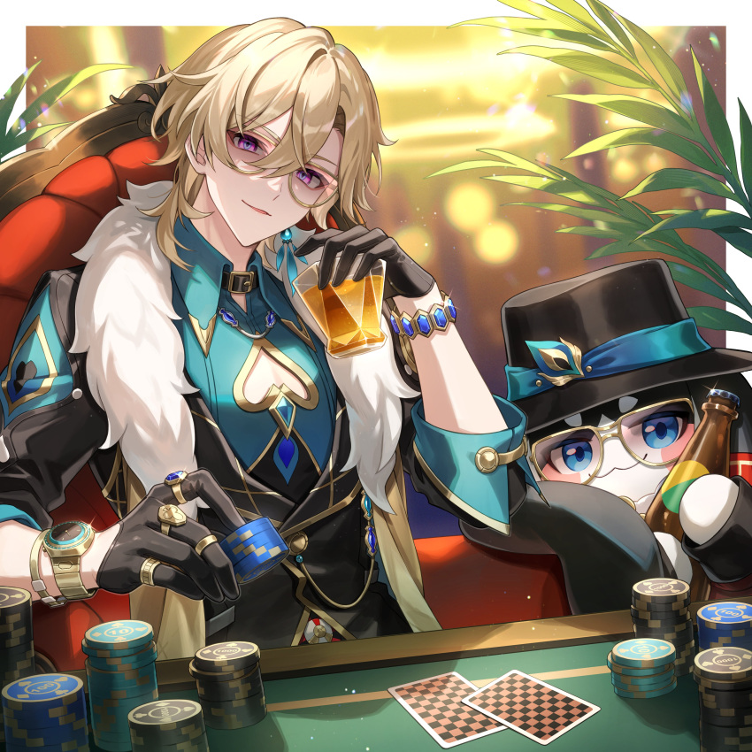 1boy absurdres amaichi_esora aqua_shirt aventurine_(honkai:_star_rail) black_gloves black_hat blonde_hair bracelet card closed_mouth clothing_cutout collared_shirt earrings fur_trim glasses gloves hair_between_eyes hat highres honkai:_star_rail honkai_(series) jewelry looking_at_viewer male_focus pectoral_cleavage pectorals playing_card poker_chip poker_table pom-pom_(honkai:_star_rail) shirt sitting table watch wristwatch