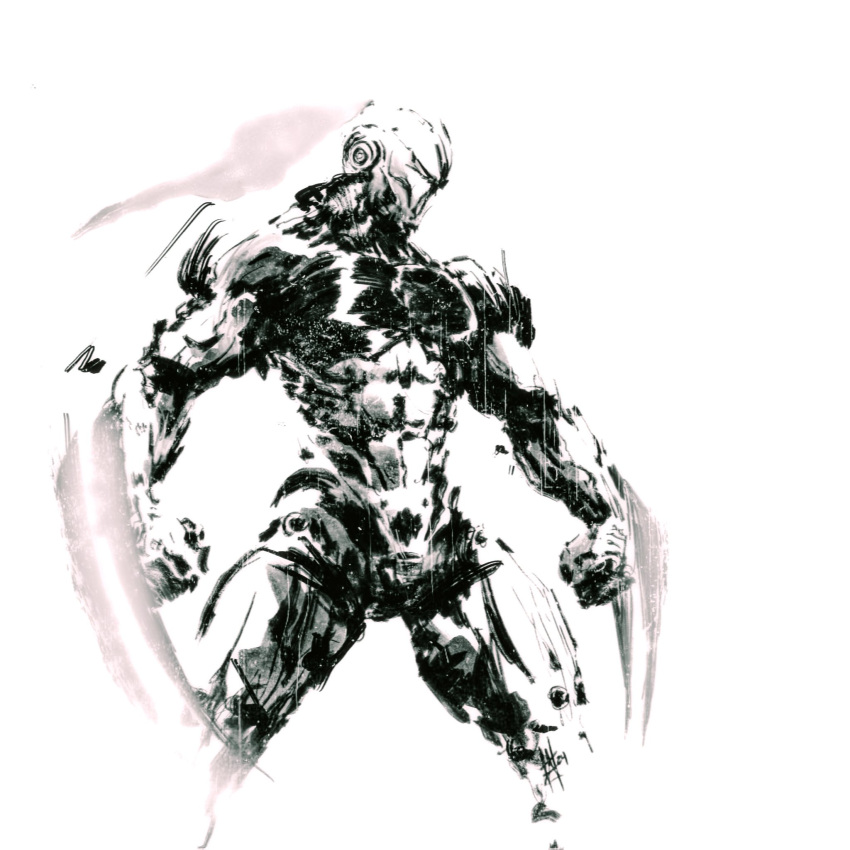 alzandahh arm_blade clenched_hands energy_blade fulgore greyscale highres humanoid_robot killer_instinct killer_instinct_(series) knees_out_of_frame looking_to_the_side monochrome no_humans robot simple_background standing weapon white_background